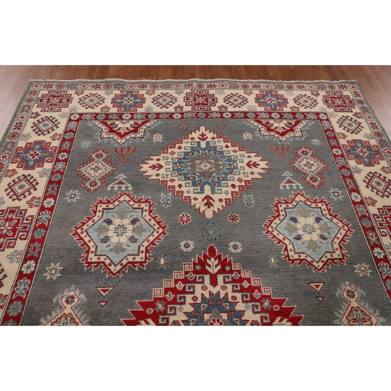 Hand Knotted Oriental 100% Wool Carpet Traditional Geometric Greys & Charcoal Kazak Area Rug - 9' 6'' X 6' 11''
