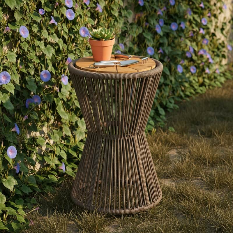 Roomfitters 25.8" Outdoor Side Table Modern Woven Rope Hourglass Patio Accent Table with Teak Wood Finish Top
