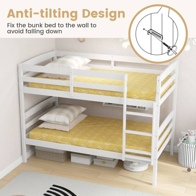 Solid Wood Twin Over Twin Bunk Bed with Guardrails and Ladder