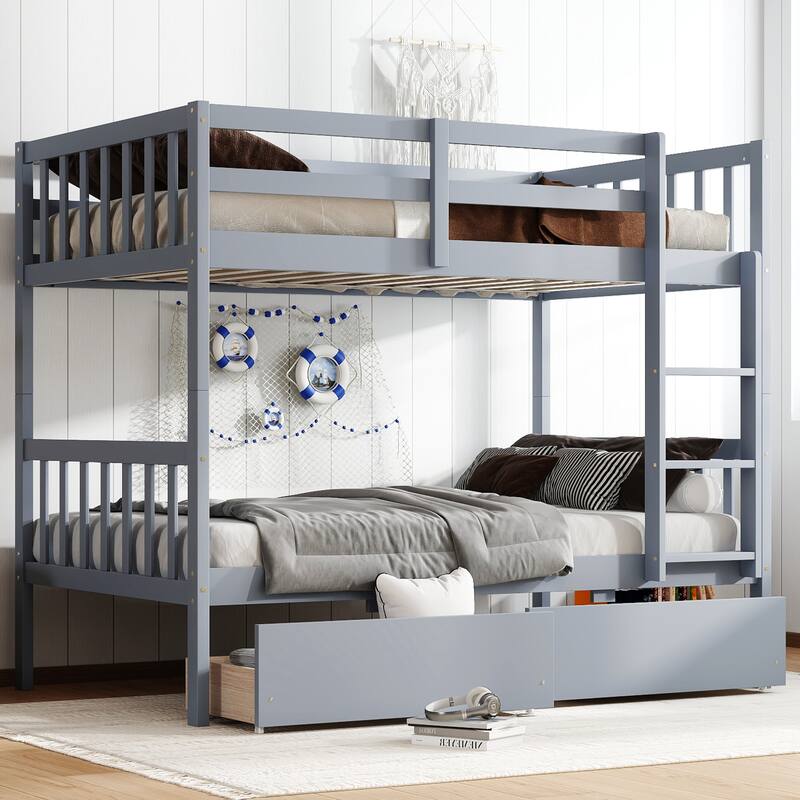 Roomfitters Twin Over Twin Rubber Wood Bunk Bed with Underbed Storage, Convertible to 2 Twin Beds, Ladder & Guardrails