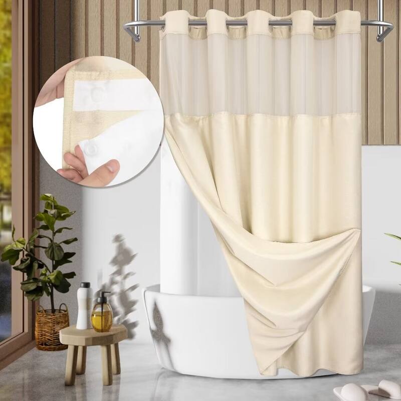 No Hook Slub Linen Texture Shower Curtain with PEVA Snap-in Liner