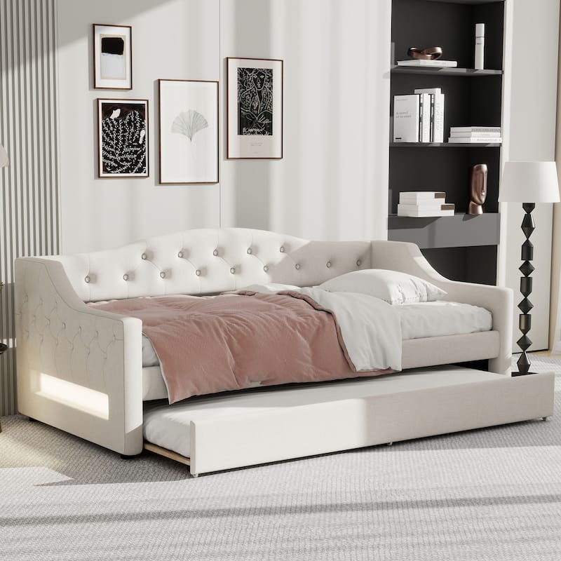 Linen Fabric Daybed Sofa Bed with LED Lights on Both Sides, Upholstered Tufted Platform Bed Frame with Trundle Bed