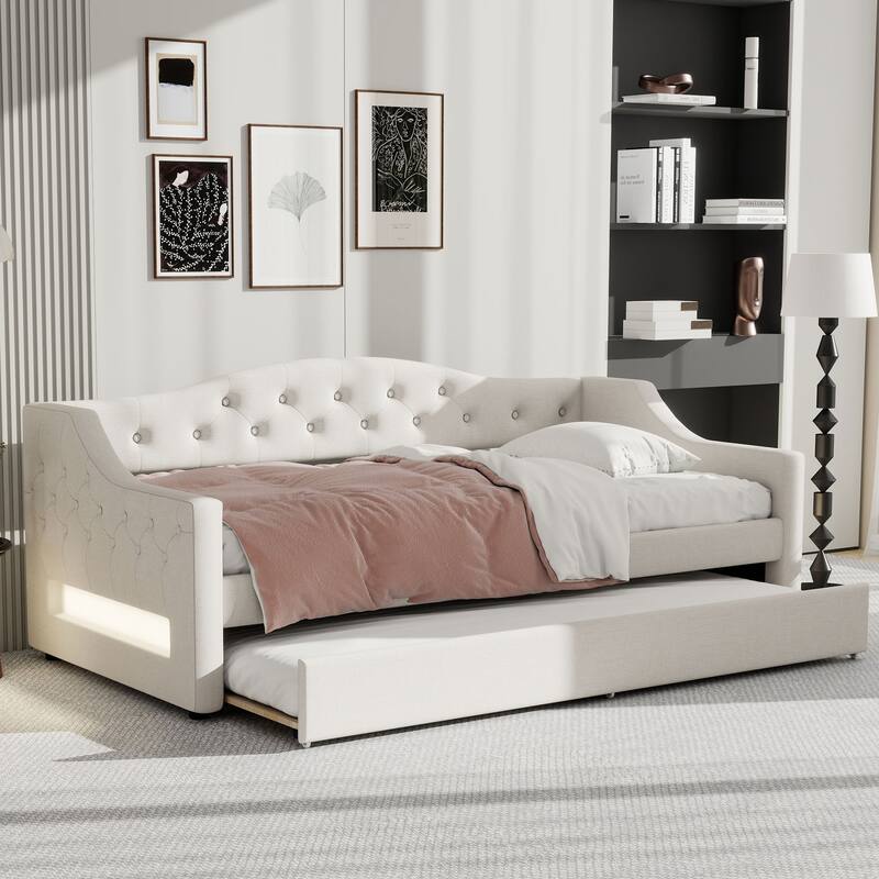Twin XL Size Linen Daybed with LED Lighting and Hidden Trundle and Upholstered Storage Bed (250lbs Capacity)