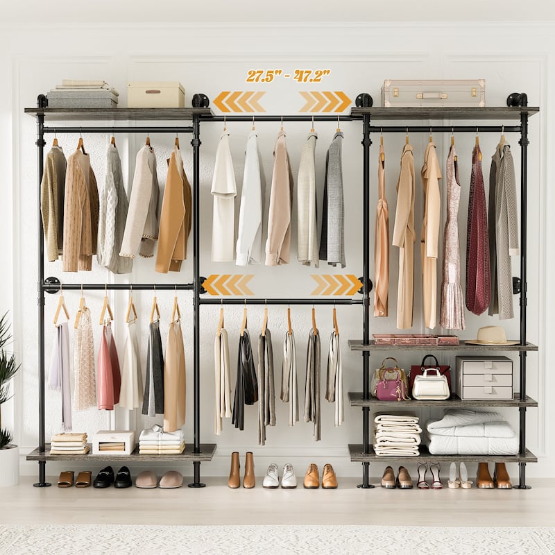 Expandable Industrial Pipe Clothing Rack with 6 Open Shelves,Adjustable Walk-in Closet Organizer System Garment Rack