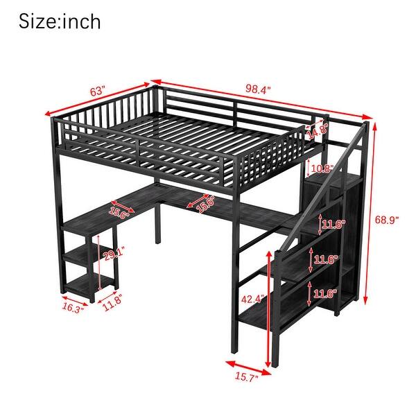 Metal Queen Size Loft Bed with Wardrobe and LED Light, L Shaped Desk and USB
