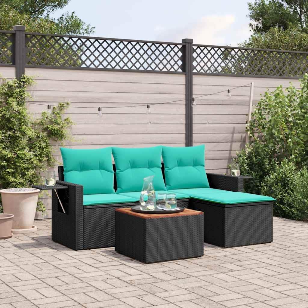 vidaXL 5 Piece Patio Sofa Set with Cushions Black Poly Rattan - 21.7" x 24.4" x 27.2"