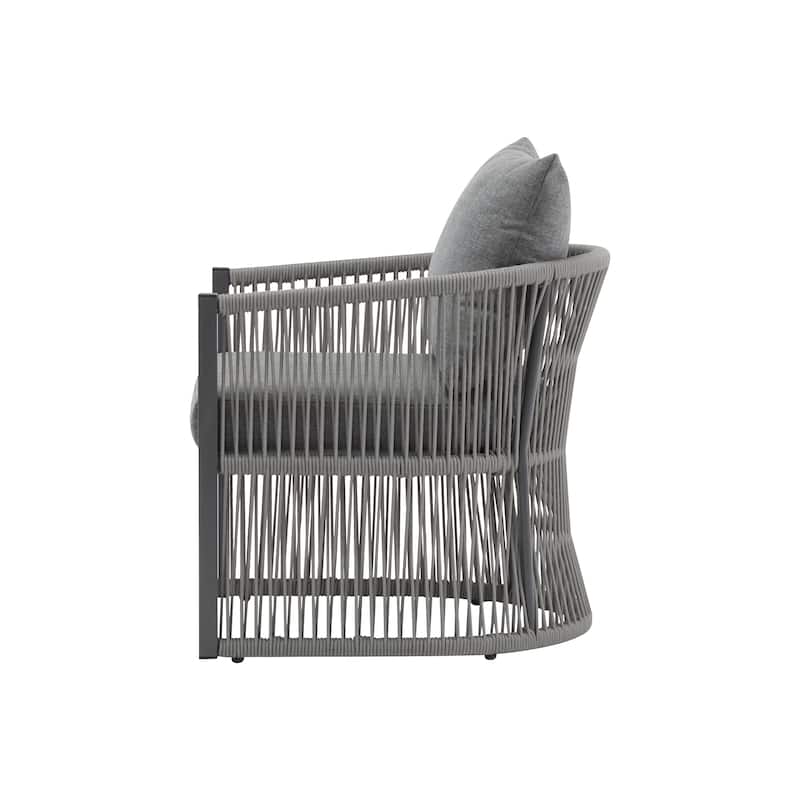 [Set of 2] Modern Beige Curved Aluminum Lounge Chair w/ Stylish Rope-Weave Design & Cushioned Comfort for Backyard, Poolside