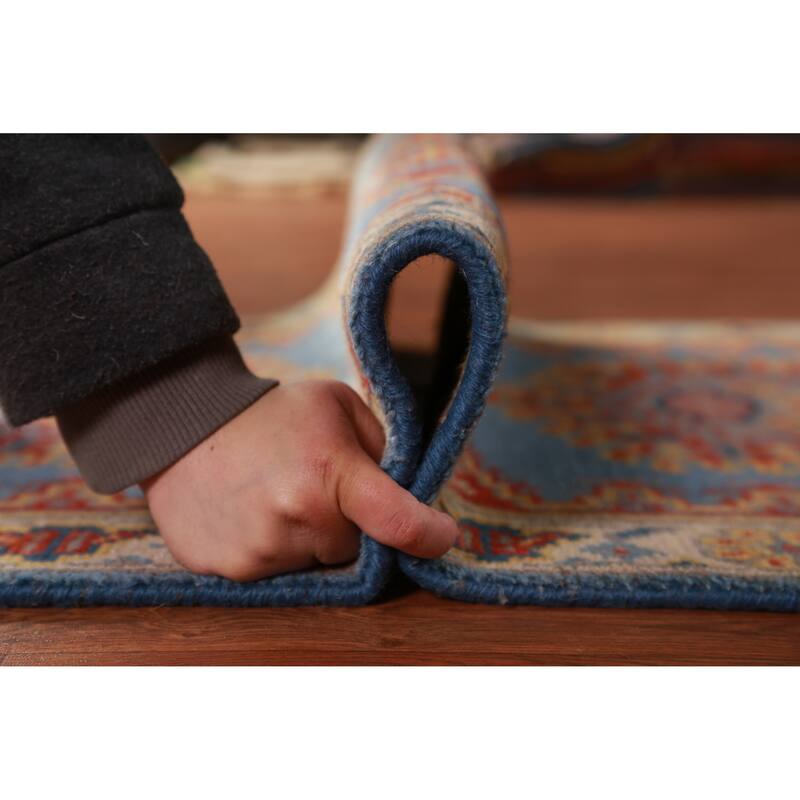 Hand Knotted Oriental 100% Wool Carpet Traditional Geometric Navy Blue & Blues Viss Runner Rug - 10' 0'' X 2' 6''