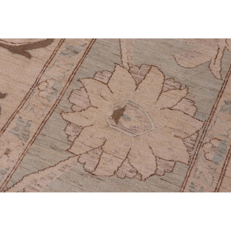 Bohemian Ziegler Zora Tan Green Hand-Knotted Wool Rug - 13'3'' x 17'9''