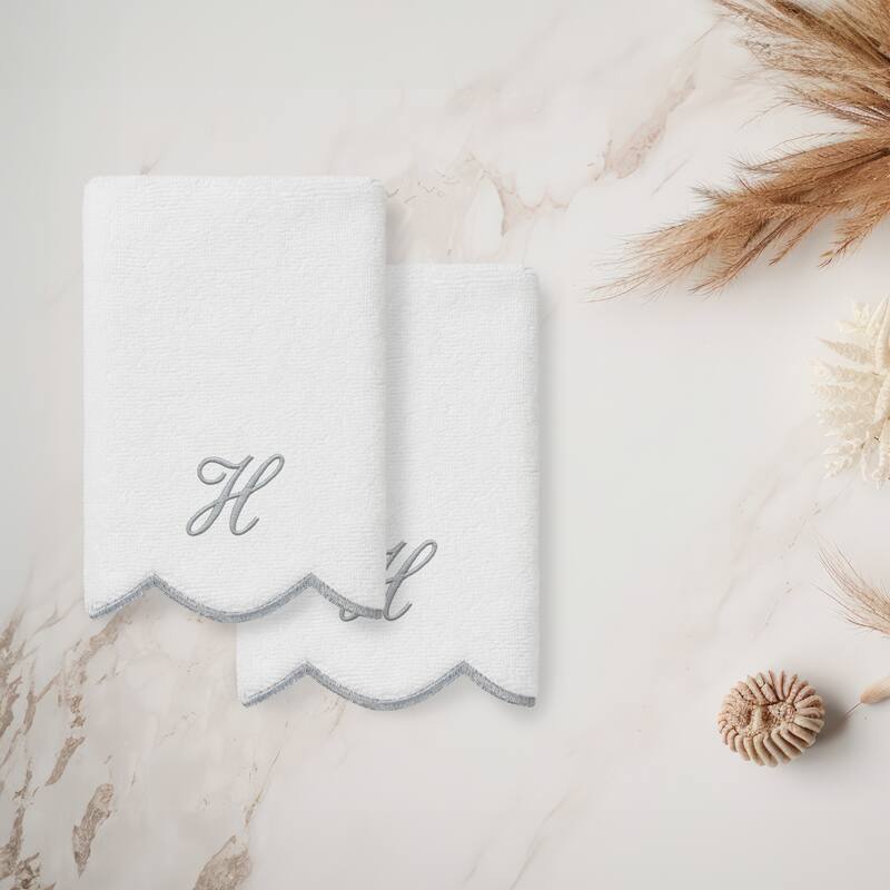 Authentic Hotel and Spa 100% Turkish Cotton Grey ADORNIA Scallop Personalized 2 Piece Fingertip Towel Set - 2 Fingertip Towels