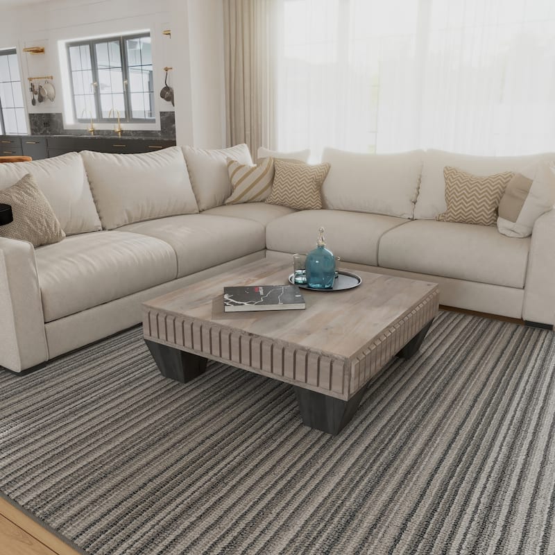 Tokyo Inspired 36 Inch Square Mango Wood Coffee Table - Handcrafted with Elegant Sandblasted Gray Finish And Tapered Legs