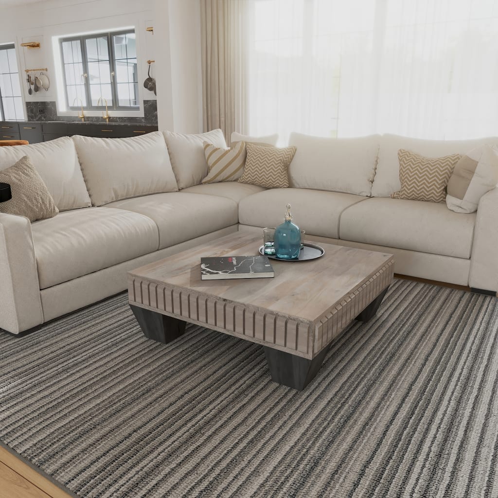 Tokyo Inspired 36 Inch Square Mango Wood Coffee Table - Handcrafted with Elegant Sandblasted Gray Finish And Tapered Legs
