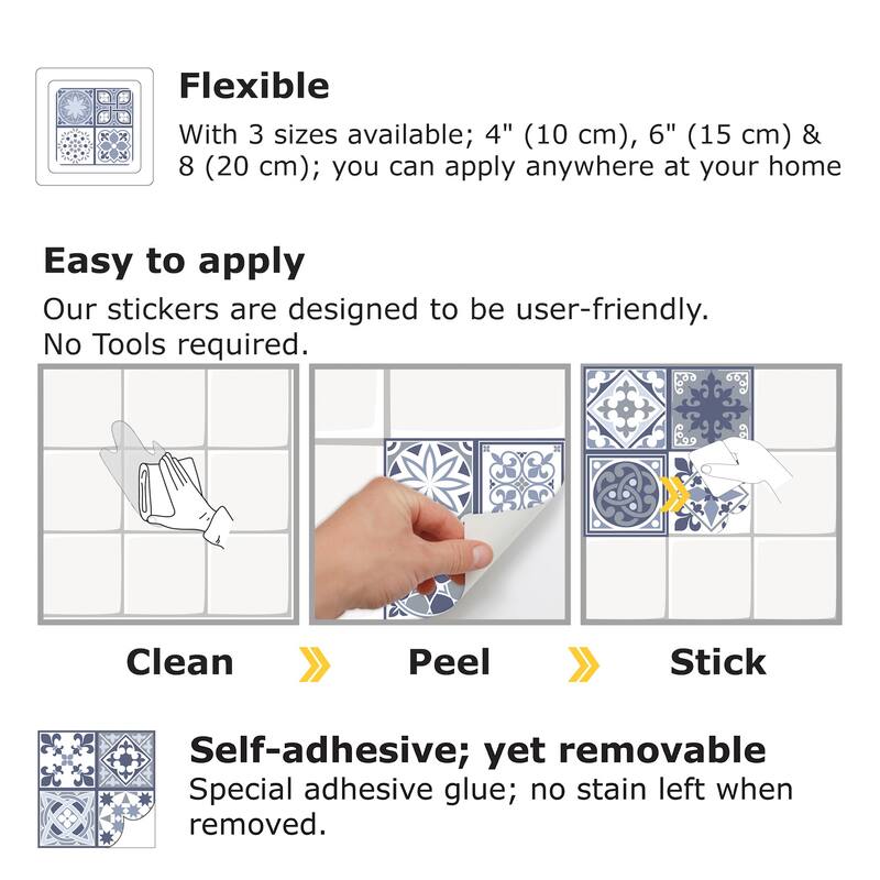 Walplus Lisbon Blue Tile Stickers Peel and Stick Wall Sticker Decal 12pcs 8"x8"