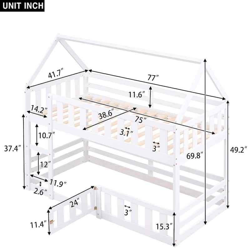 Twin Over Twin House Bunk Bed - with Fence & Door