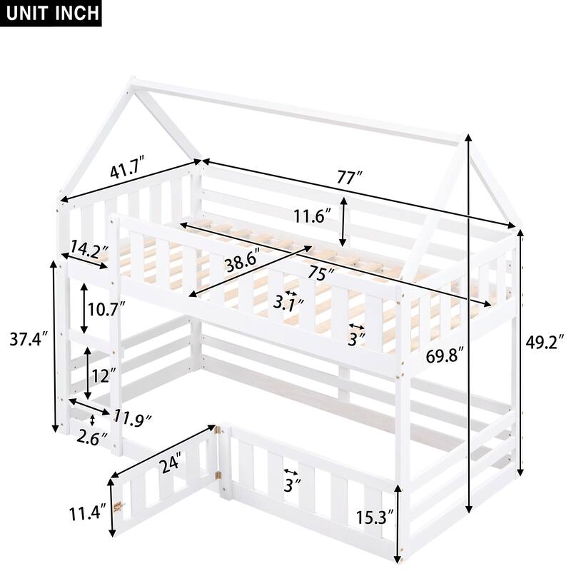 Twin Pine House Bunk Bed with Fence, Guardrail, and Door