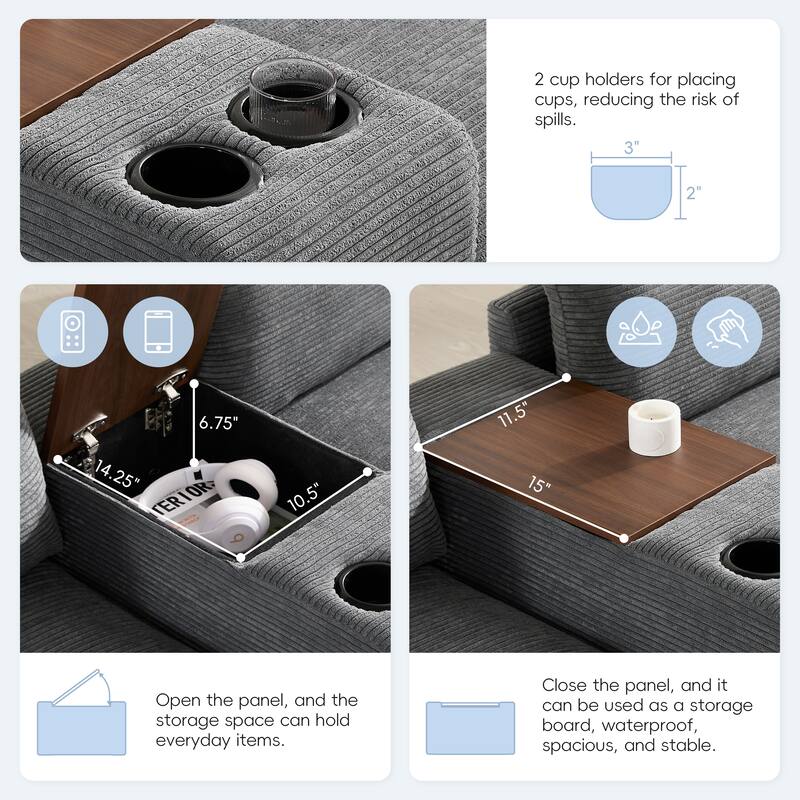 Convertible Modular Sofa 6 Seat Sectional Corduroy Couch with Side Pockets, Cup Holder, USB and Storage Ottoman for Living Room