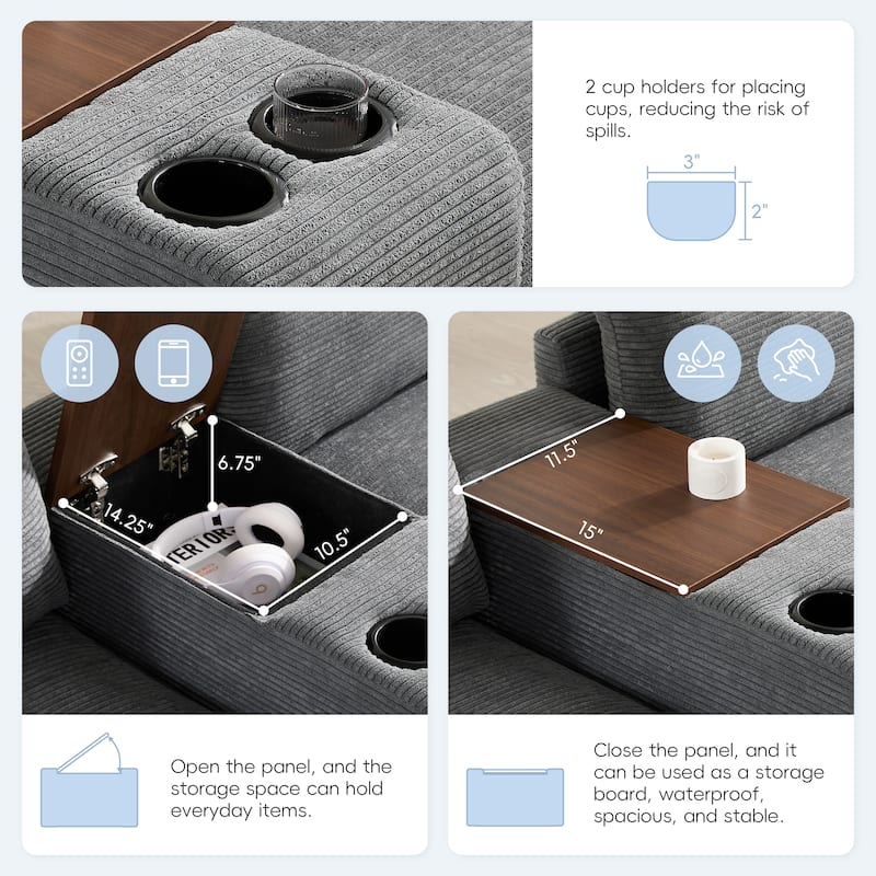 U Shaped Chenille Sofa w/Ottoman,Console,Cup Holder,Wide Seat,USB