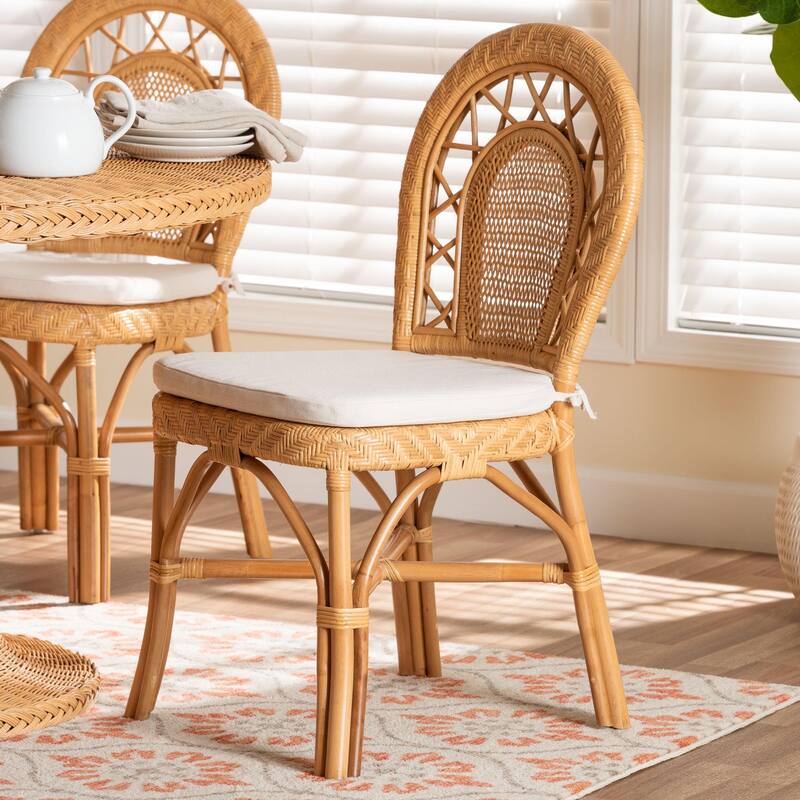 Adam Natural Rattan Dining Chair with Curved Backrest and Removable Cushion - Handwoven Wicker Accent Chair for Dining Room