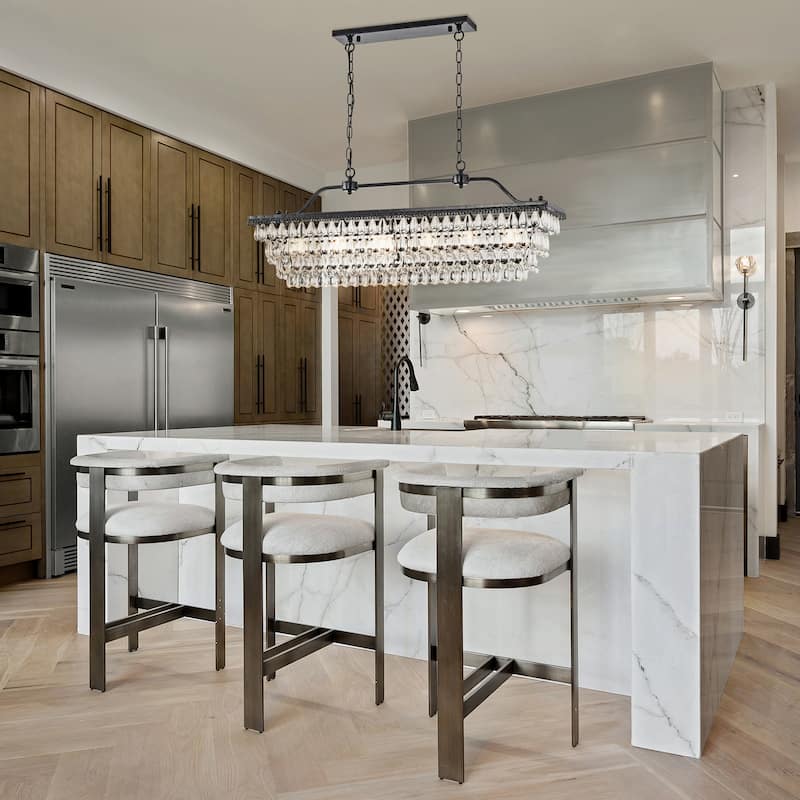 Antique Black 6-Light Rectangular Kitchen Island Lighting with Crystal Hanging
