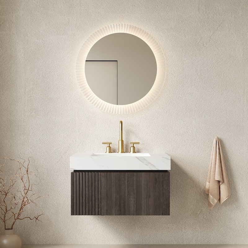 Floating Bathroom Vanity with Sintered Stone Top & Undermount Ceramic Basin with Three Pre-drilled Faucet Holes - 29.92'' x 18.9'' x 17.72'' - Espresso and Carrara White