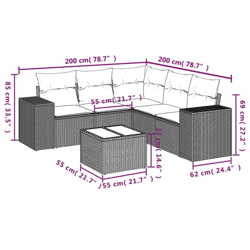 vidaXL Patio Sofa Set with Cushions Outdoor Conversation Furniture Poly Rattan - 24.4 x 24.4 x 27.2