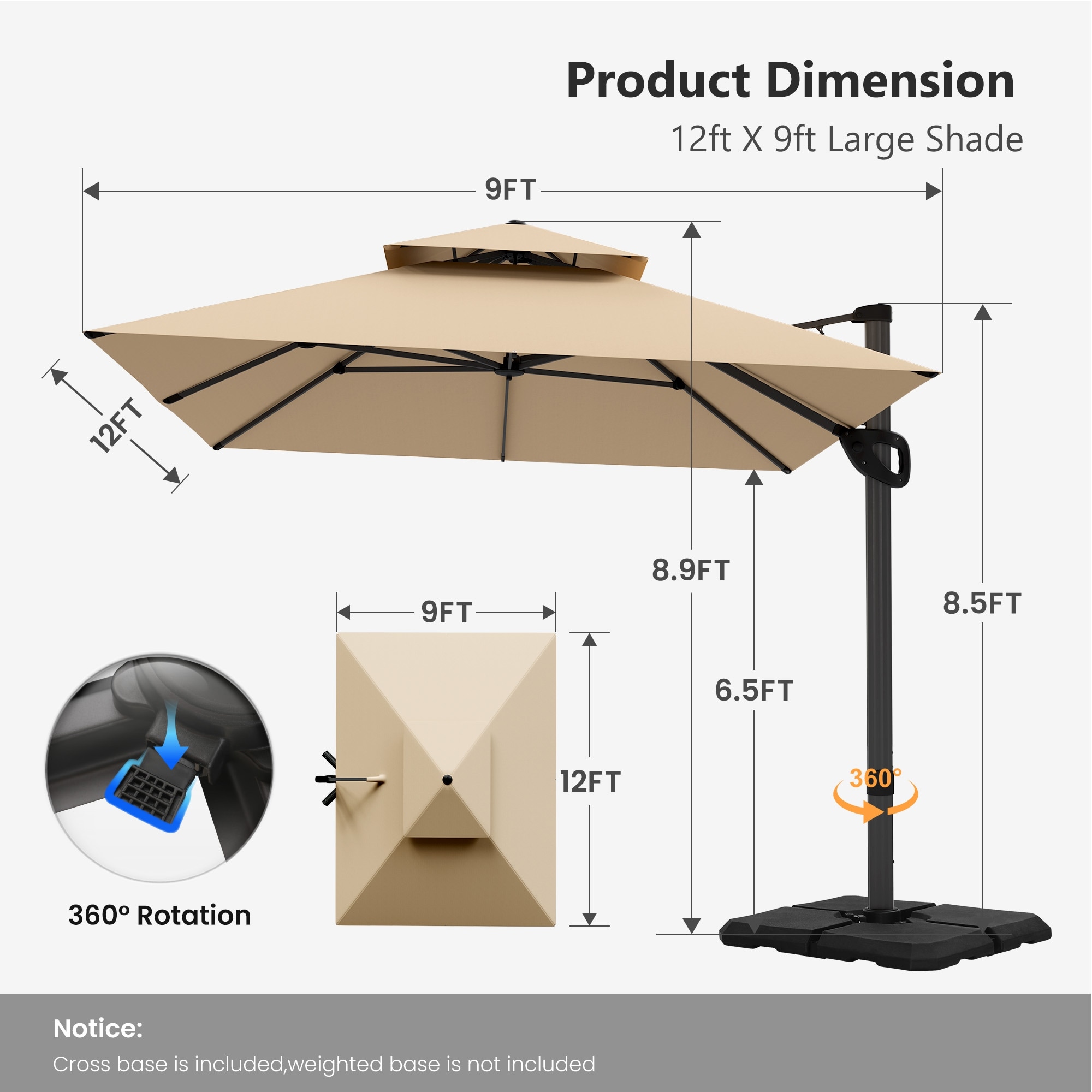 12 ft automatic patio umbrella 9X12ft Hydraulic Cantilever Umbrellas in 4 Colors and fade PURPLE LEAF 12-ft Aluminum Gray