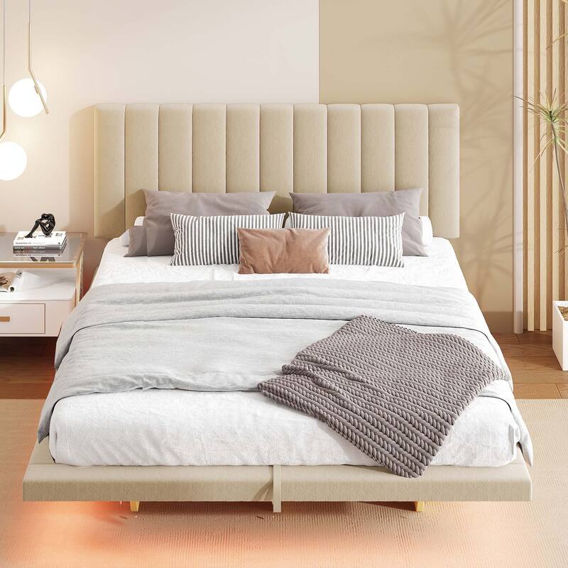 Queen Size Upholstered Floating Bed with LED Light and USB Port - Beige