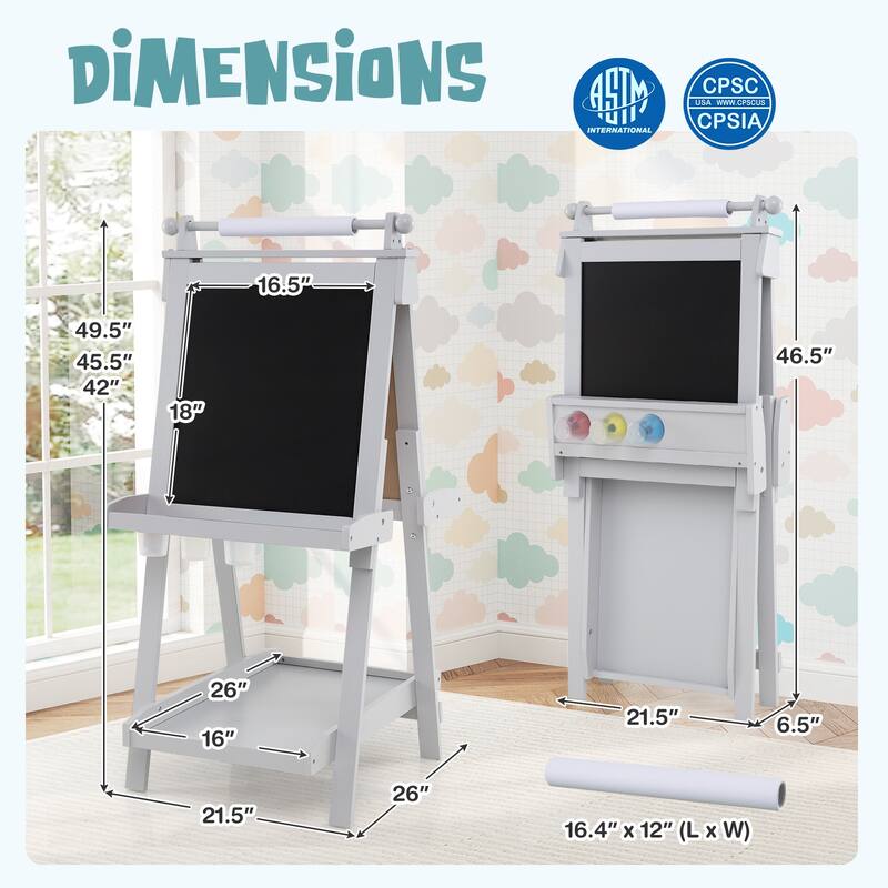 Kids Adjustable Art Easel with Chalkboard Whiteboard Paper Roll and Storage Folding Wooden Drawing Board - 21.5" x 26" x 42"
