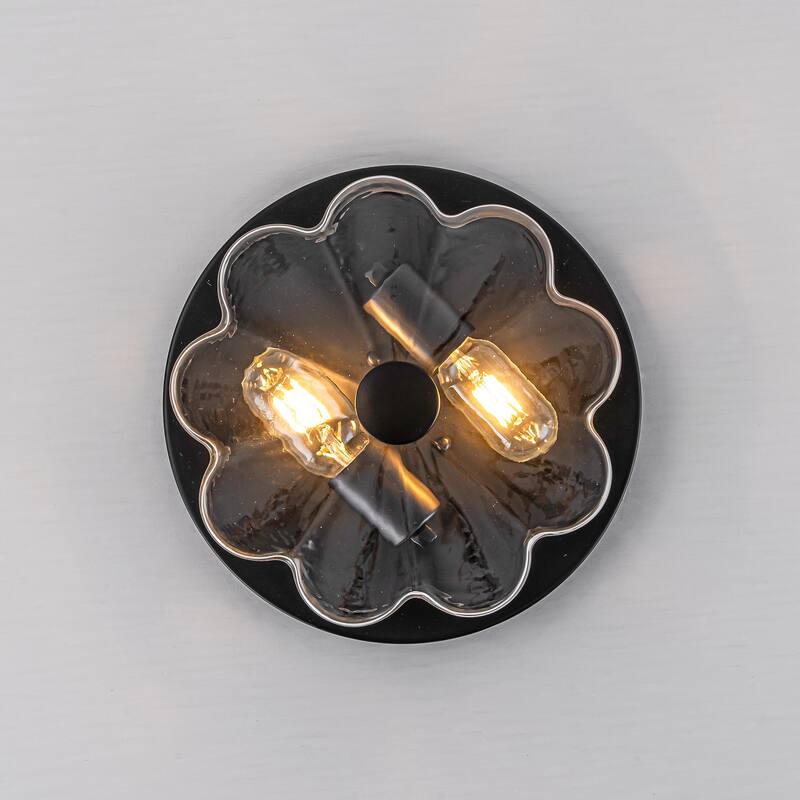 2-light Modern Farmhouse Matte Black Flush Mount Ceiling Light with Clear Flower-Shaped Glass Shade