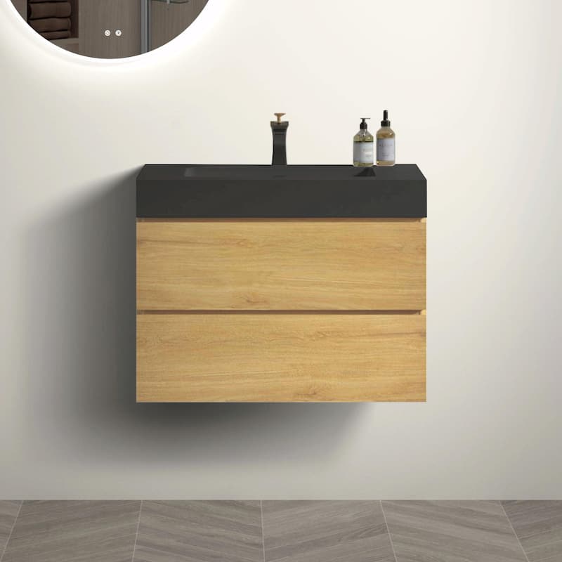 36"/30"/24" Floating Bathroom Vanity with Sink, Wall-Mounted Storage Cabinet - Black+Oak - 30" Width