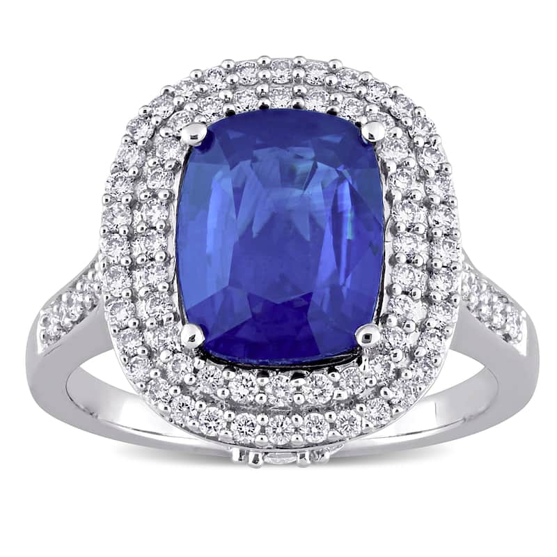 Miadora 3 7/8ct TGW Cushion Blue Sapphire and 1ct TDW Diamond Halo Cocktail Ring in 14k White Gold