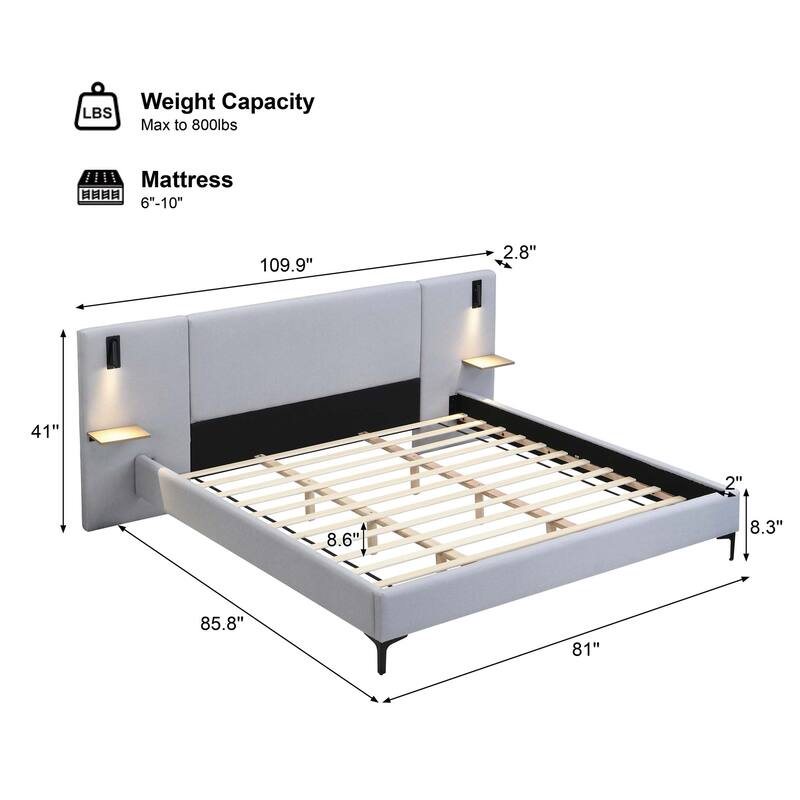 Chic Linen Upholstered Bed with Integrated Lights and Shelves