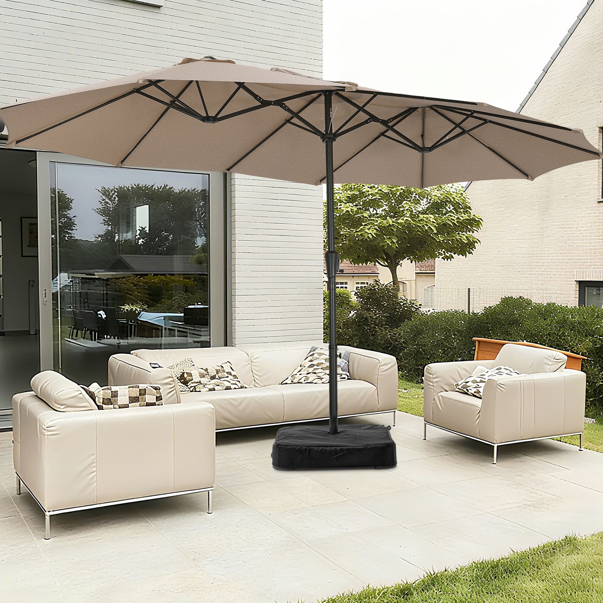 large outdoor patio umbrella Kozyard Butterfly 15' Double-Sided Aluminum Crank Base  Kozyard LLC it comes with 36 LED lights (3 on each rib) powered by 3 solar panels Garvee 15' Large Patio Umbrella