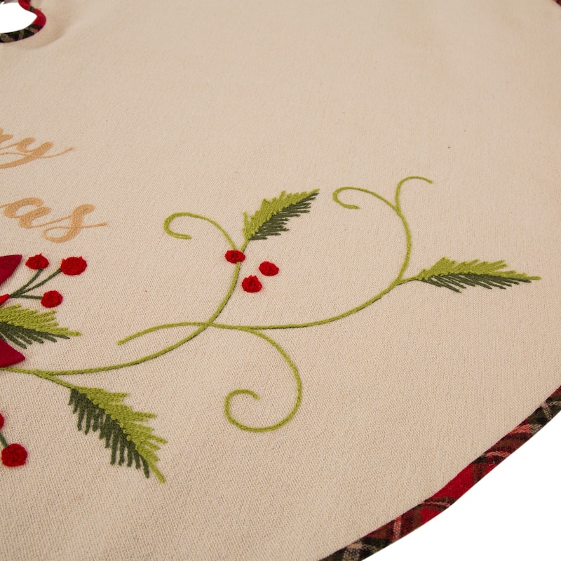 Glitzhome 48"D Fabric Poinsettia Merry Christmas Tree Skirt