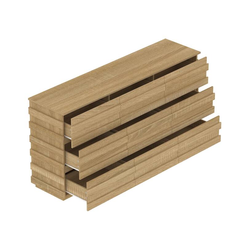 9 - Drawer Dresser Storage Cabinet: Light Wood Finish with a Modern Linear Design for Ample Storage