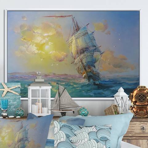 Designart "Old Battle Sea Ship VII" Nautical & Coastal Framed Canvas Wall Decor