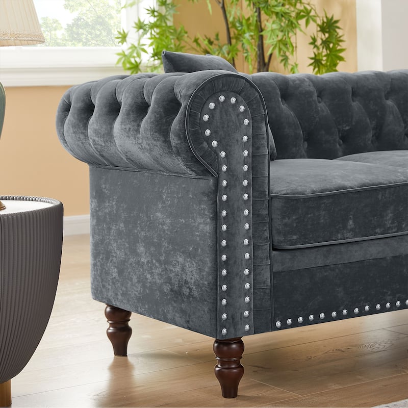 80" Velvet Chesterfield L-Shaped Sofa with Tufting & Rolled Arms