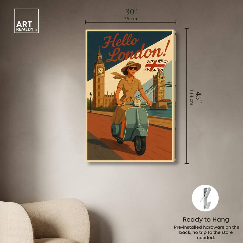 Scooter English Travel Canvas by Art Remedy, Gallery Wrapped