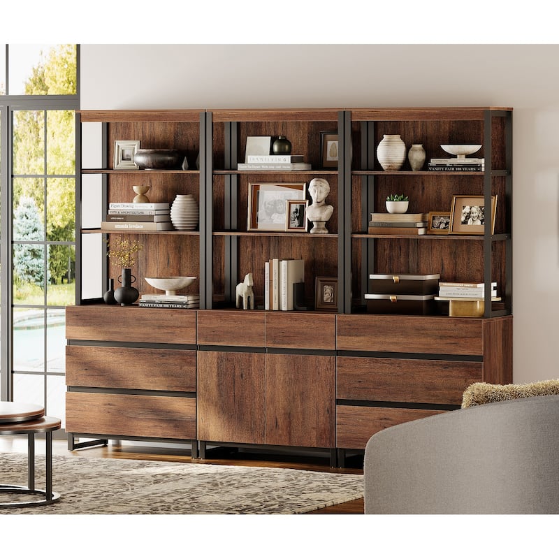 WAMPAT 3-Piece Modern 72" Tall Bookcase with 6 Drawers and Adjustable Shelves
