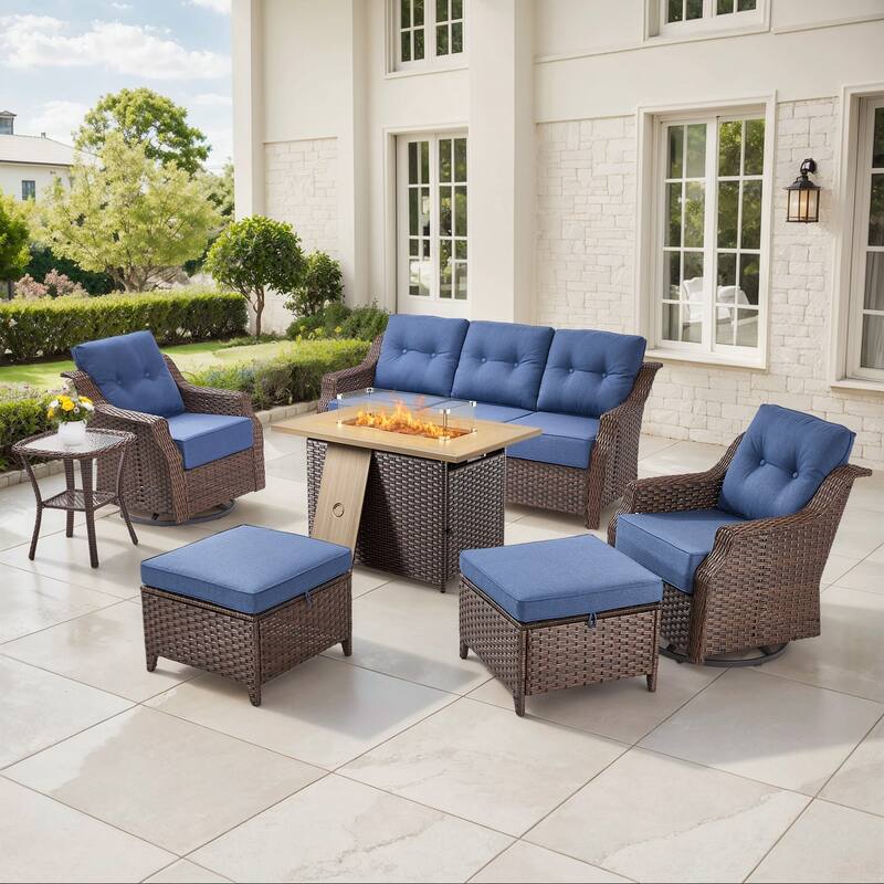 Gymojoy Wicker Patio Furniture Sofa Set with Fire Pit Table, 6-Inch Ultra Thick Cushioned 360° Swivel Glider Chairs