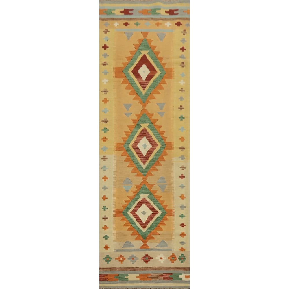 Hand Woven Oriental 100% Wool Carpet Southwestern Tribal Oranges & Rust Kilim Runner Rug - 11' 4'' X 2' 9''