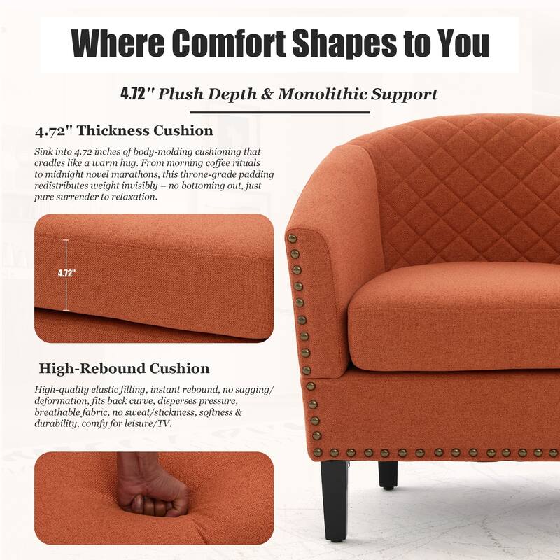 HOMEFUN Leather Upholstered Nailhead Wooden Frame Barrel Club Chair with Solid Woood Legs