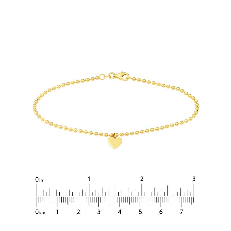 Curata 14k Yellow Gold 7.5" Dangling Heart 2mm Beaded Chain Bracelet