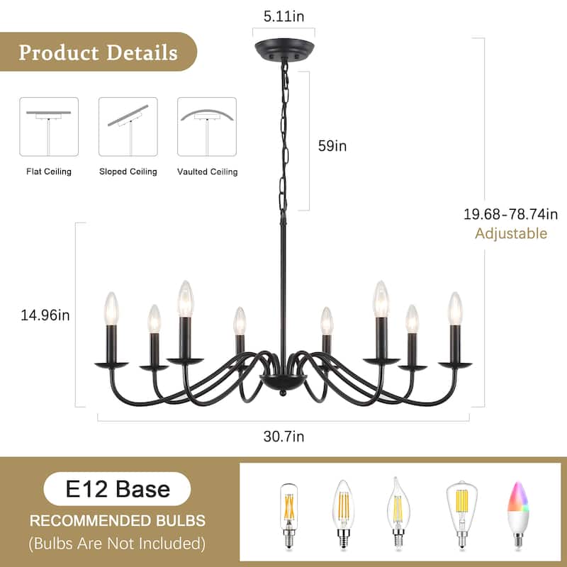 8-Light 30.7 in. Farmhouse Chandeliers for Bedroom Living Room Study