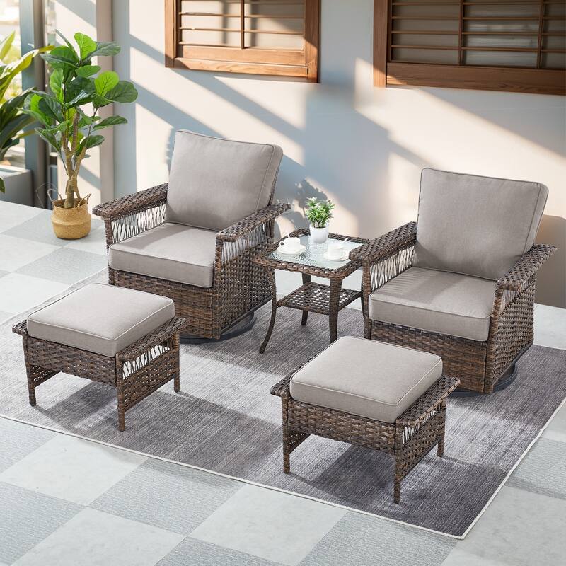 Gymojoy Patio Swivel Rocking Chairs Ottomans and Side Table - Brown - Grey