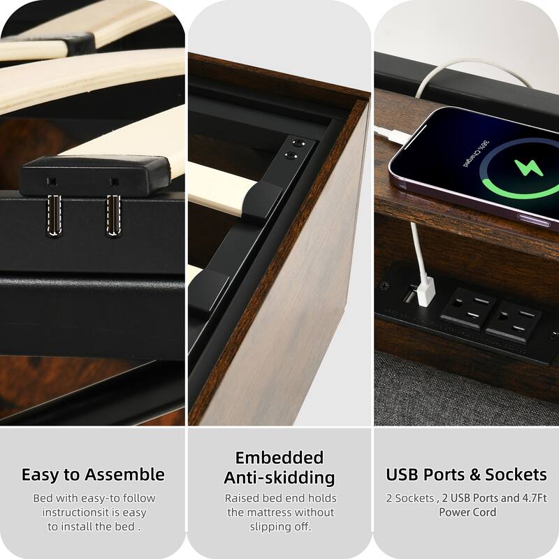 Moasis Lift-Up Storage Bed Frame with Charging Station & Storage Headboard
