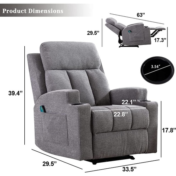 dimension image slide 3 of 4, Manual Recliner Massage and Heating Chair Sofa with 2 Cup Holders Breathable Fabric
