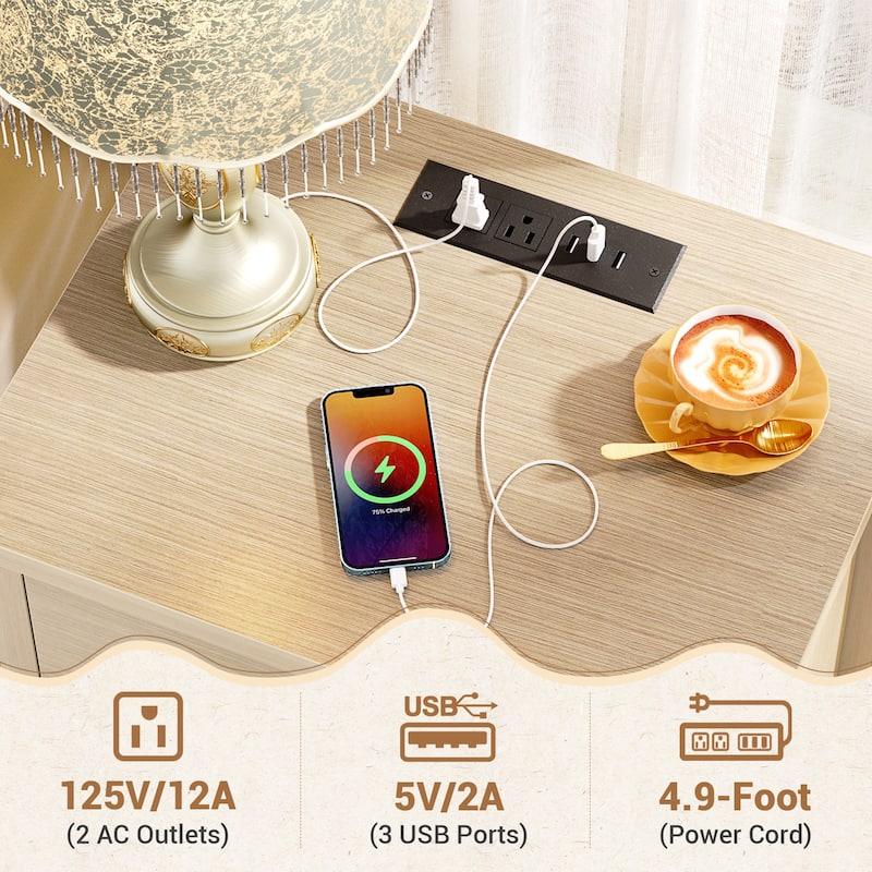 Modern Nightstand with Charging Station, Side End Table with 2 Drawers