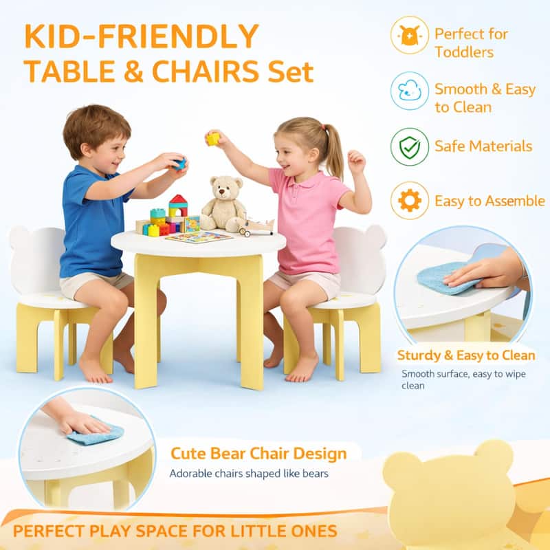 Kids Table and Chair Set, 3-Piece Toddler Table with 2 Chairs, Cute Bear-Back Chairs, Sturdy Wooden Activity Table Set