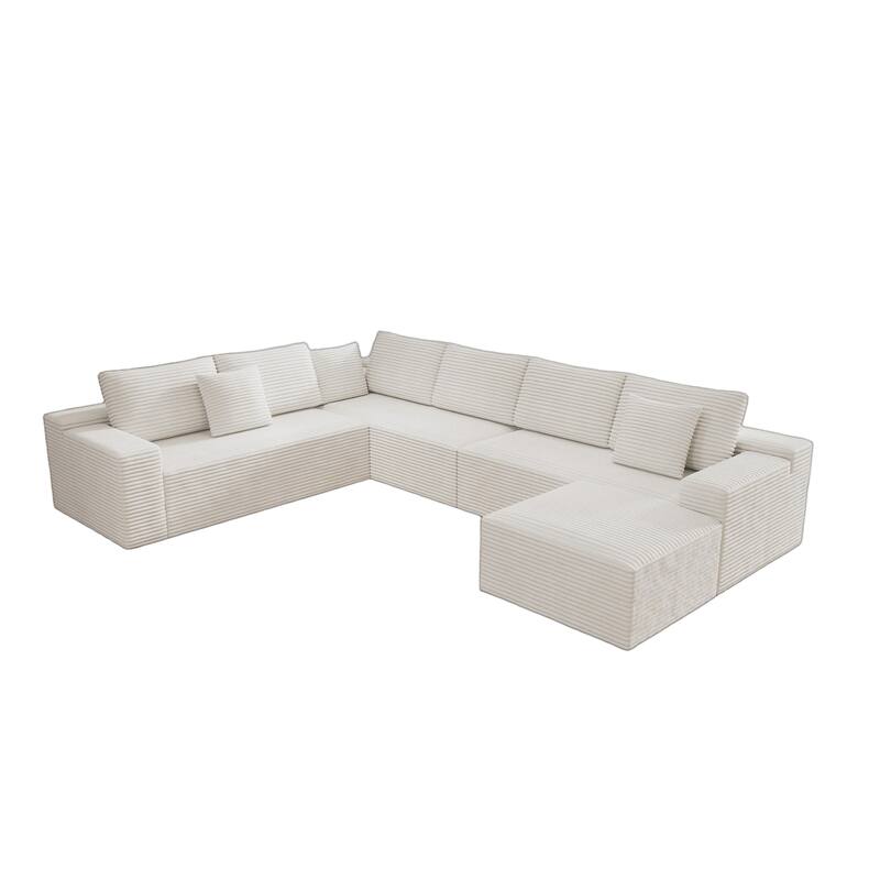 Roomfitters 137.8" Modular Sectional Sofa, 4-Piece Compressed Cloud Couch, No Assembly Required, Plush Corduroy, White